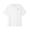 White t-shirt with a red logo on a white background