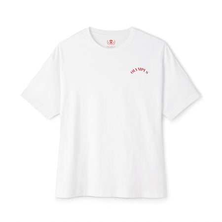 White t-shirt with a red logo on a white background