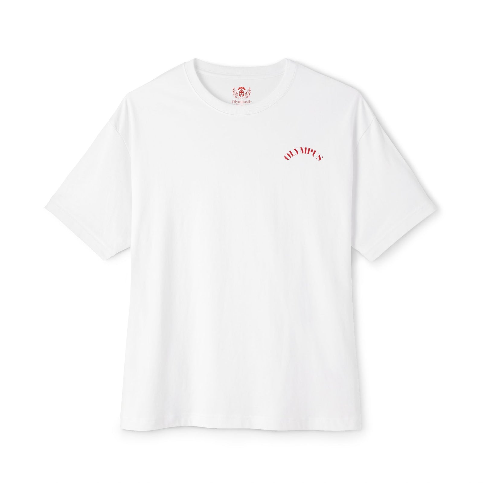 White t-shirt with a red logo on a white background