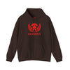 Brown hoodie with red 'Olympus' logo on a white background