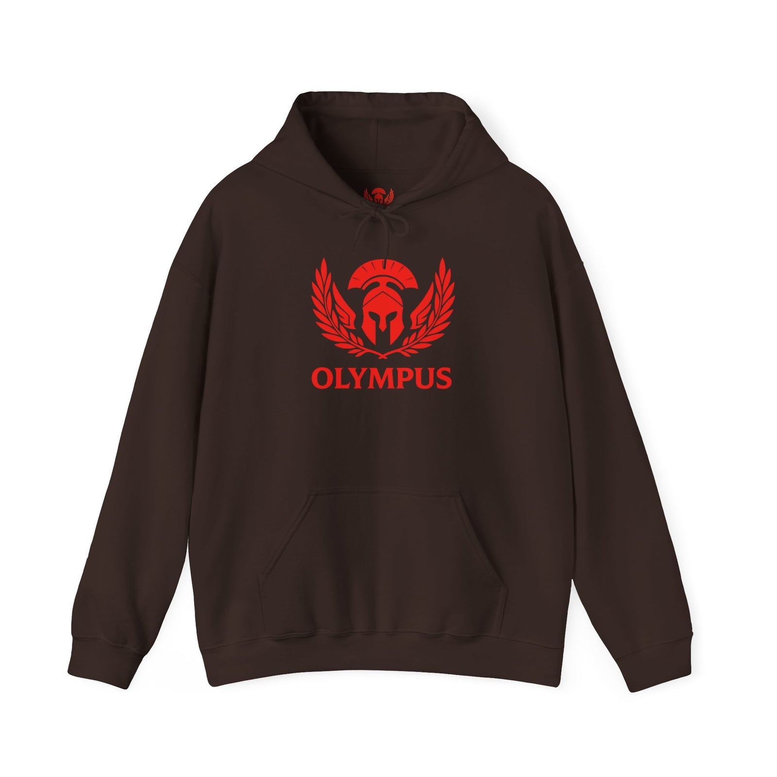 Brown hoodie with red 'Olympus' logo on a white background