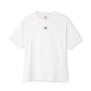 White t-shirt with a small logo on a white background