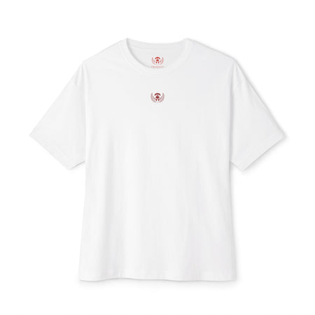 White t-shirt with a small logo on a white background