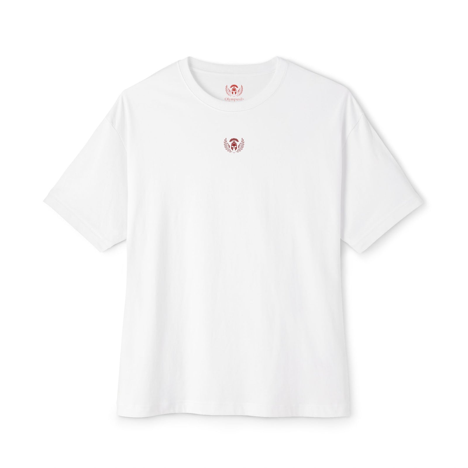 White t-shirt with a small logo on a white background