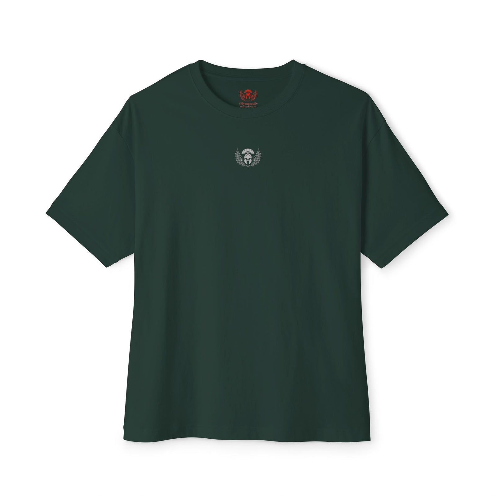 Green t-shirt with a small logo on a white background