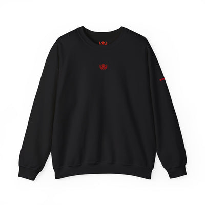 Black sweatshirt with a red logo on a white background