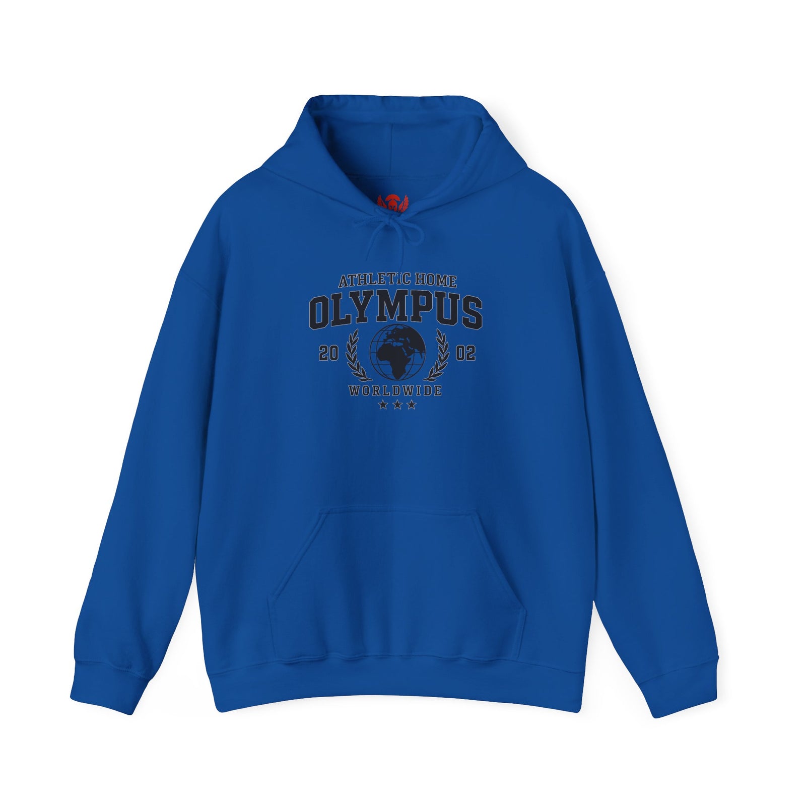 Blue hoodie with 'Olympus' text and graphics on a white background