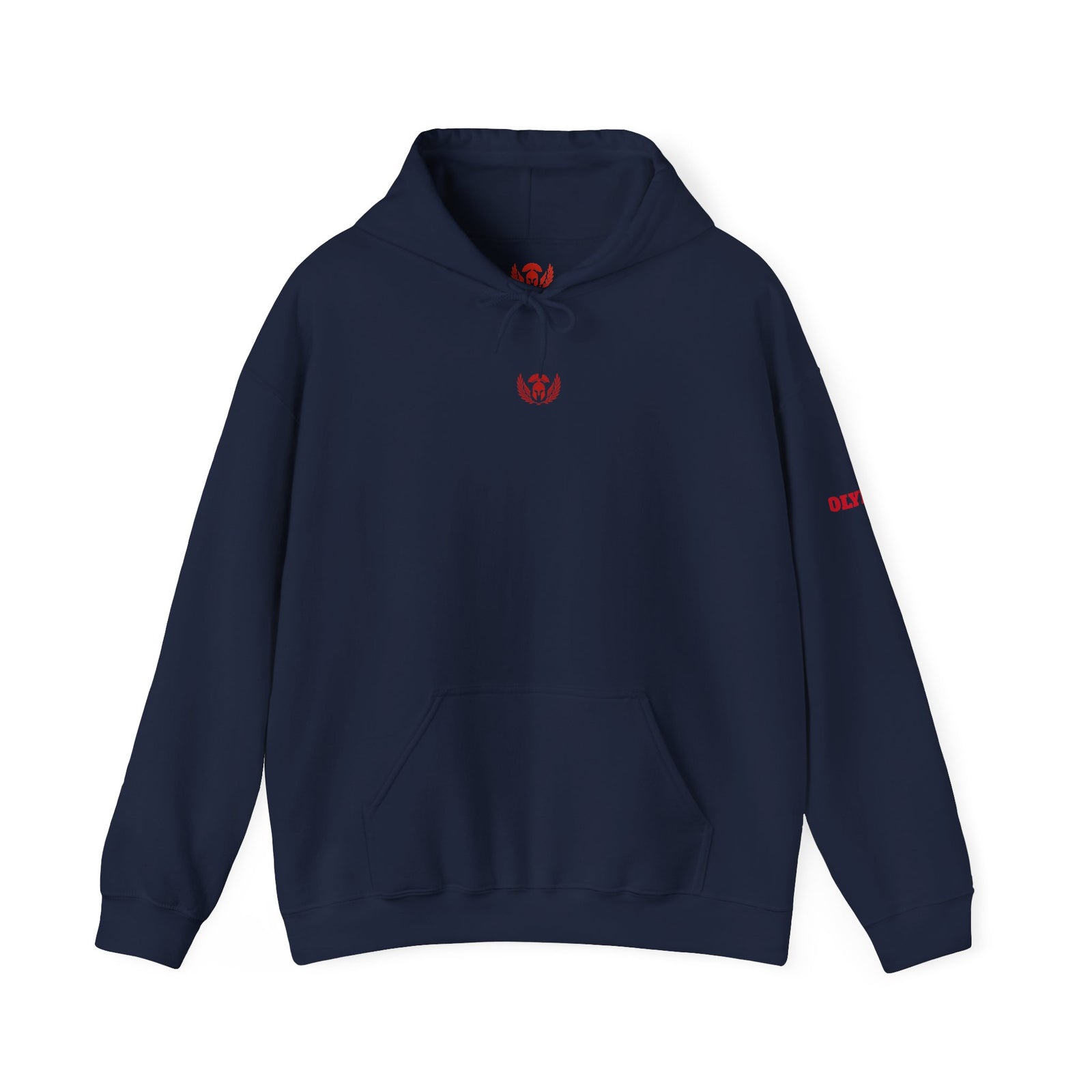 Navy blue hoodie with red logo on a white background