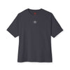 Dark gray t-shirt with a small logo on a white background