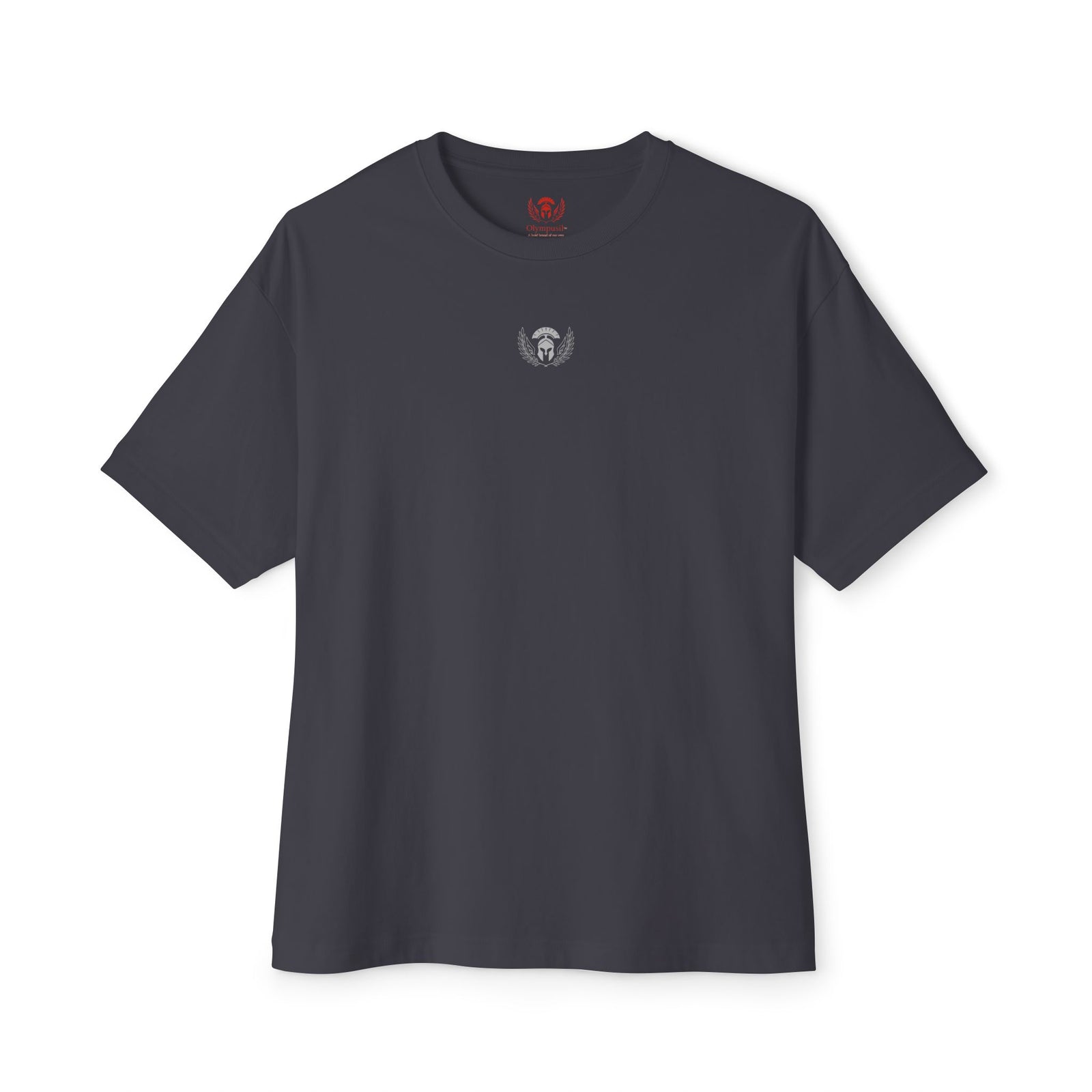 Dark gray t-shirt with a small logo on a white background