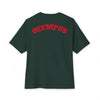 Green t-shirt with 'OLYMPUS' printed in red on the back against a white background