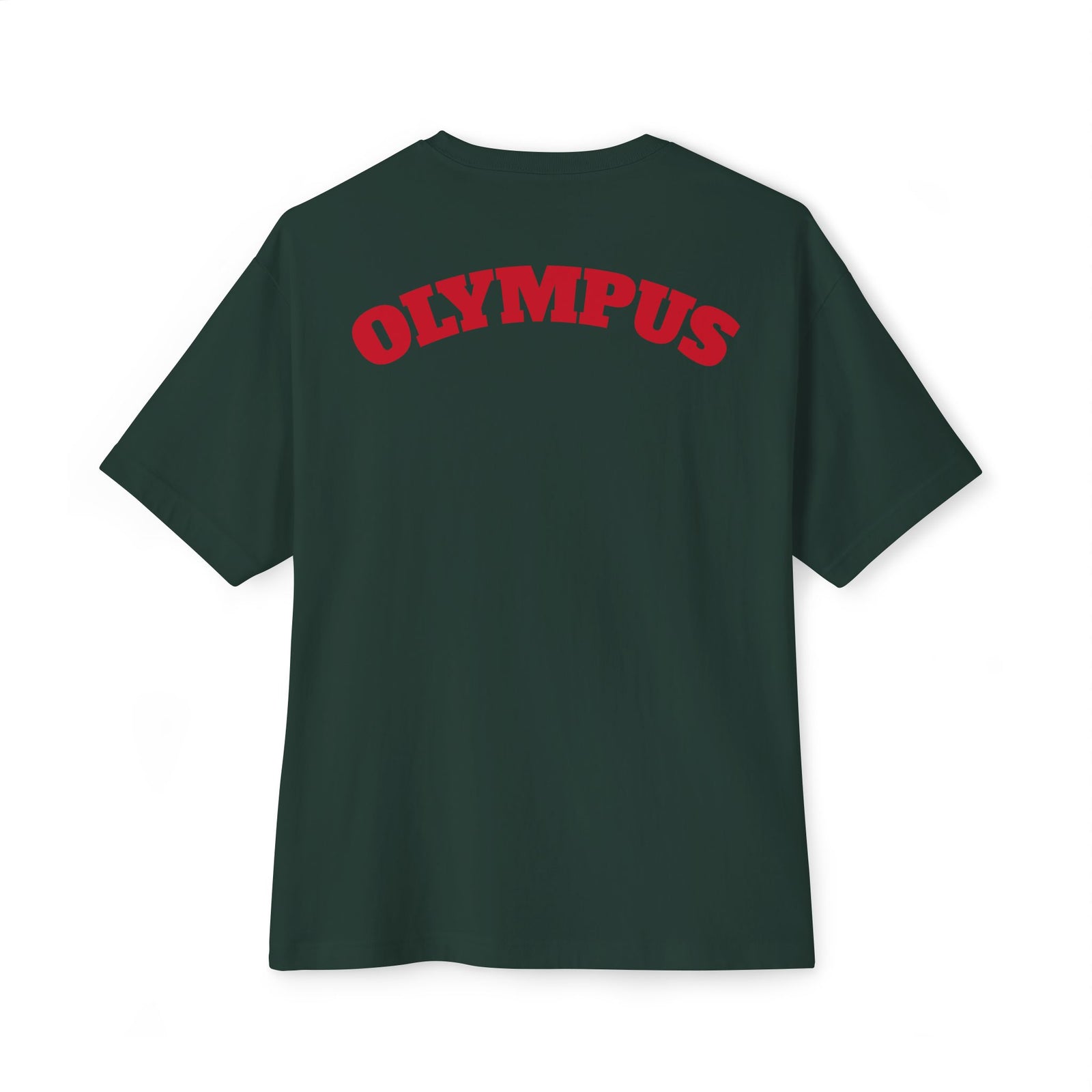 Green t-shirt with 'OLYMPUS' printed in red on the back against a white background