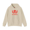 Beige hoodie with red 'Olympus' logo on a white background