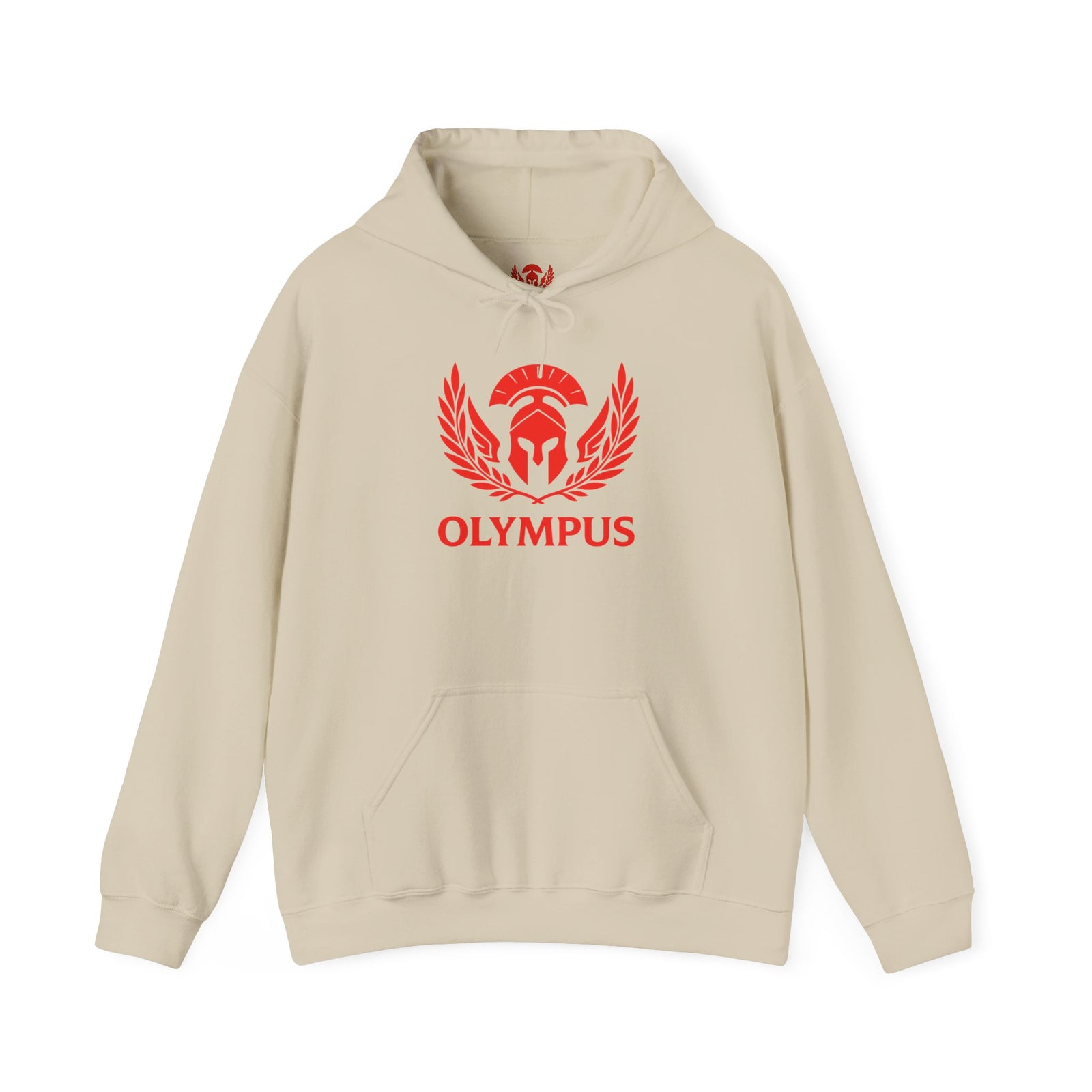 Beige hoodie with red 'Olympus' logo on a white background