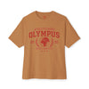 Brown t-shirt with red graphic and text on a white background