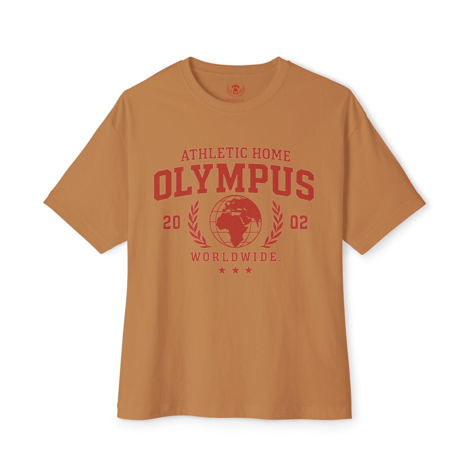 Brown t-shirt with red graphic and text on a white background