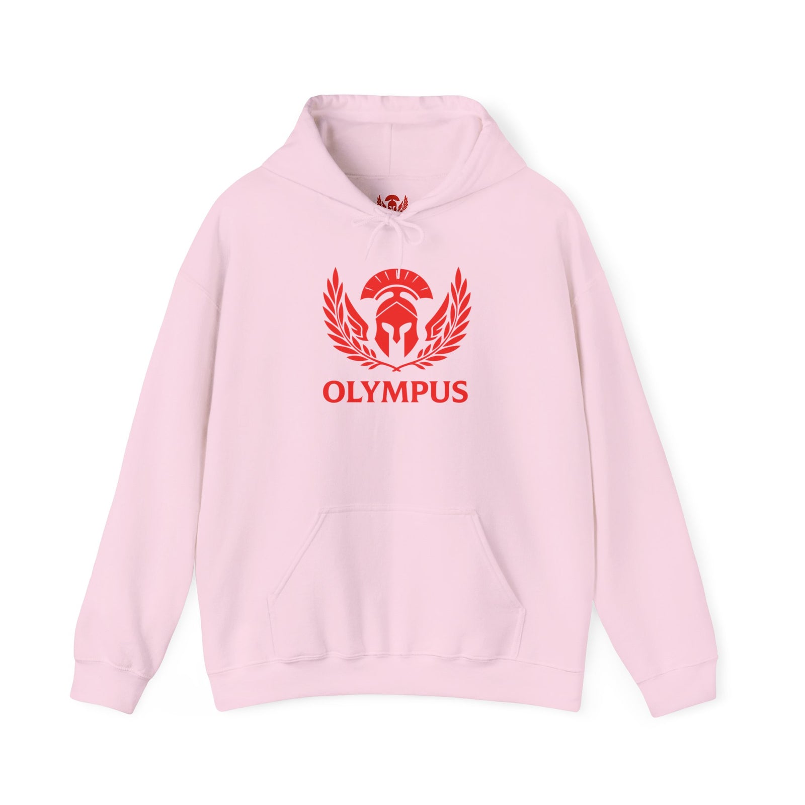 Pink hoodie with red 'Olympus' logo on a white background
