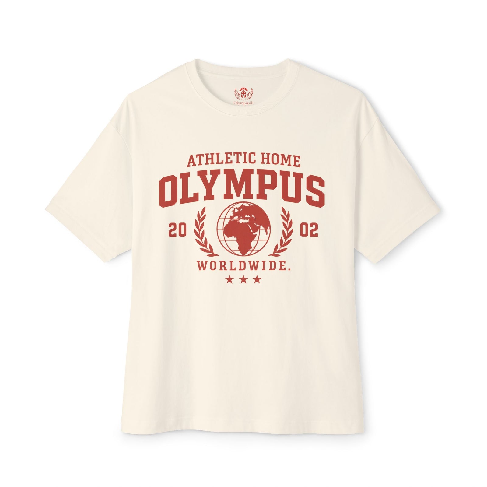 White t-shirt with red 'Olympus' graphic design on a white background