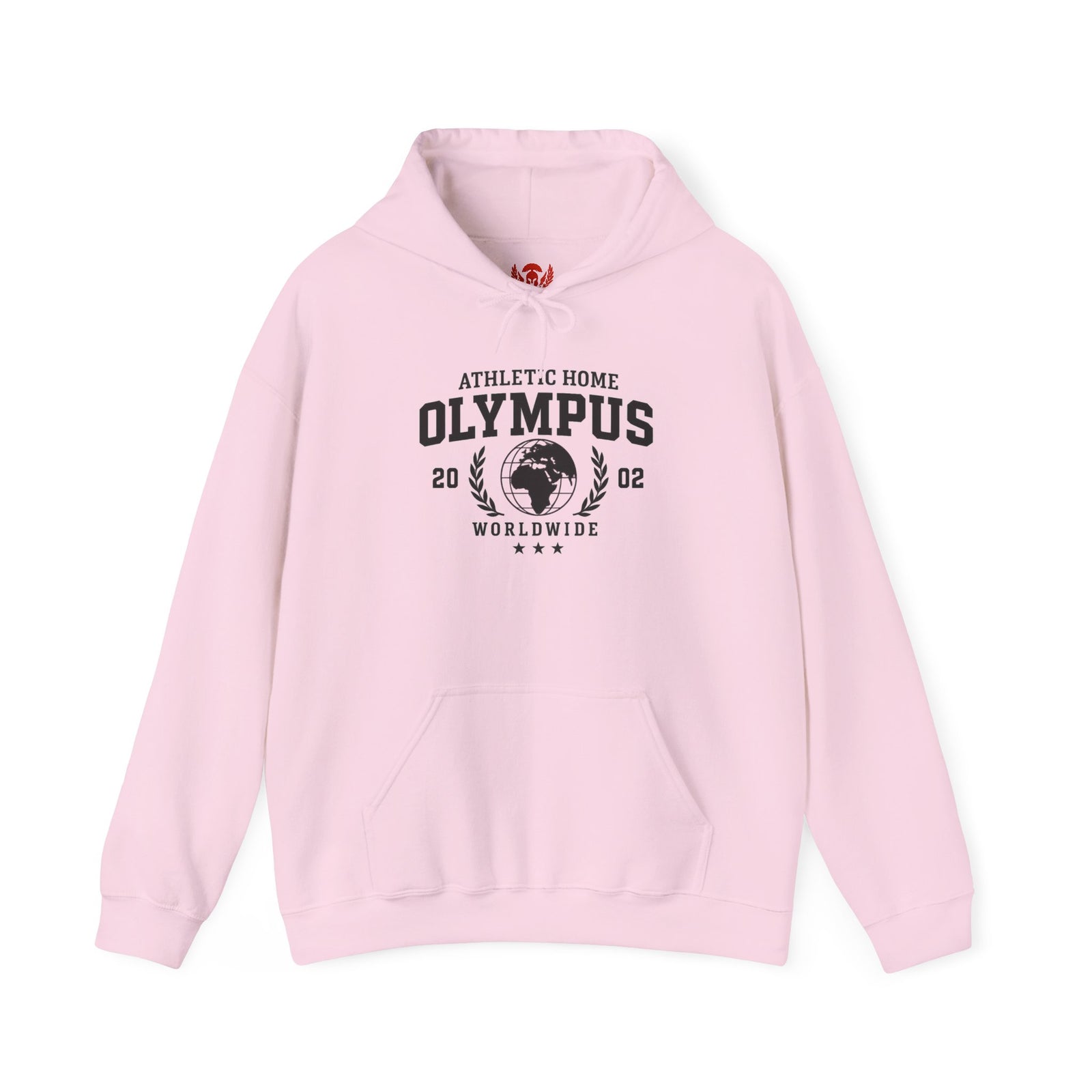 Pink hoodie with 'Olympus' text and graphics on a white background