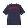 Navy blue t-shirt with 'OLYMPUS' printed in red on the back against a white background