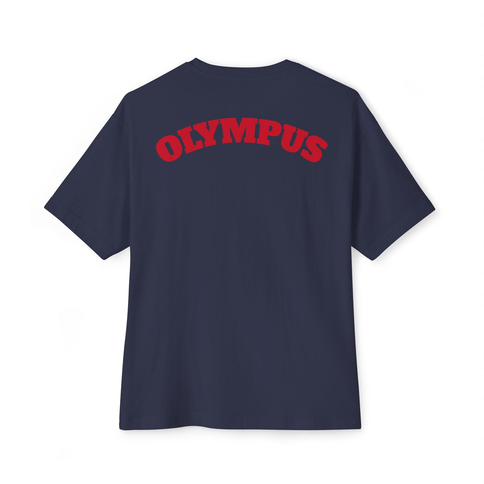 Navy blue t-shirt with 'OLYMPUS' printed in red on the back against a white background