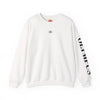 White sweatshirt with black text and logo on a white background