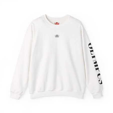 White sweatshirt with black text and logo on a white background