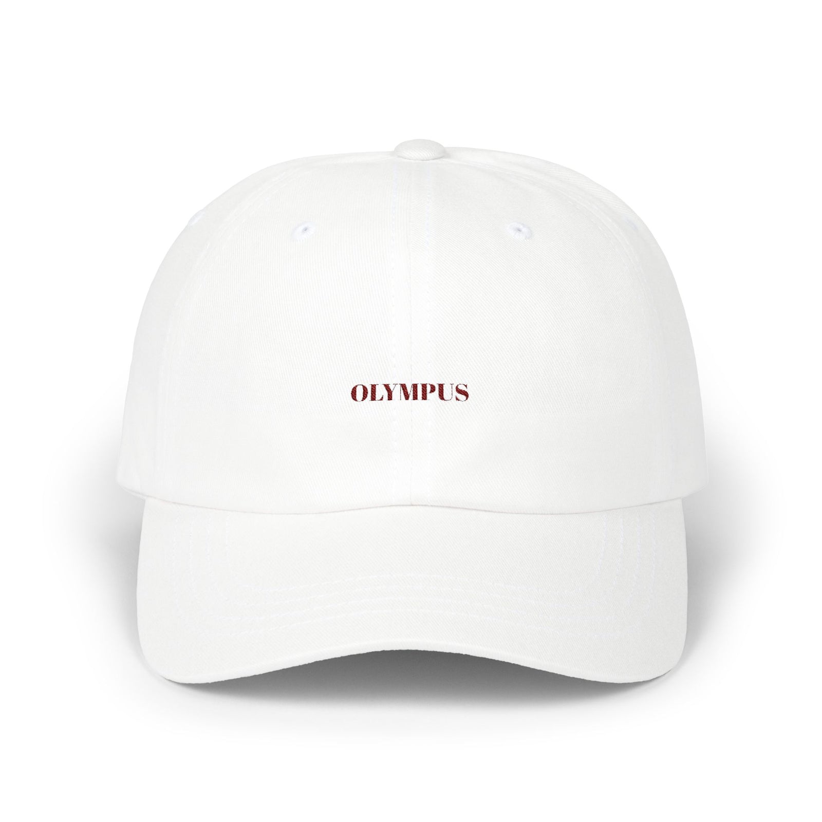 White cap with 'OLYMPUS' logo on a white background