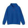 Blue hoodie with a red logo on a white background