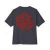 Black t-shirt with red 'OLYMPUS' text on a white background
