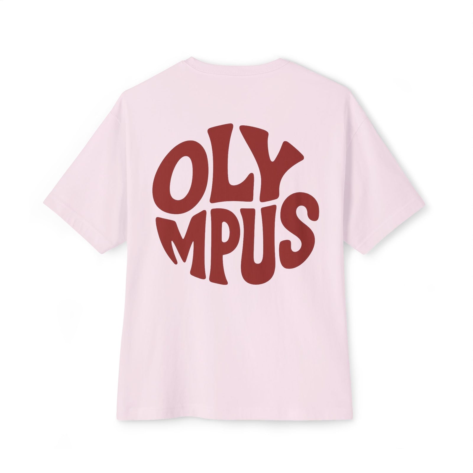 Pink t-shirt with 'OLYMPUS' printed on the back against a white background