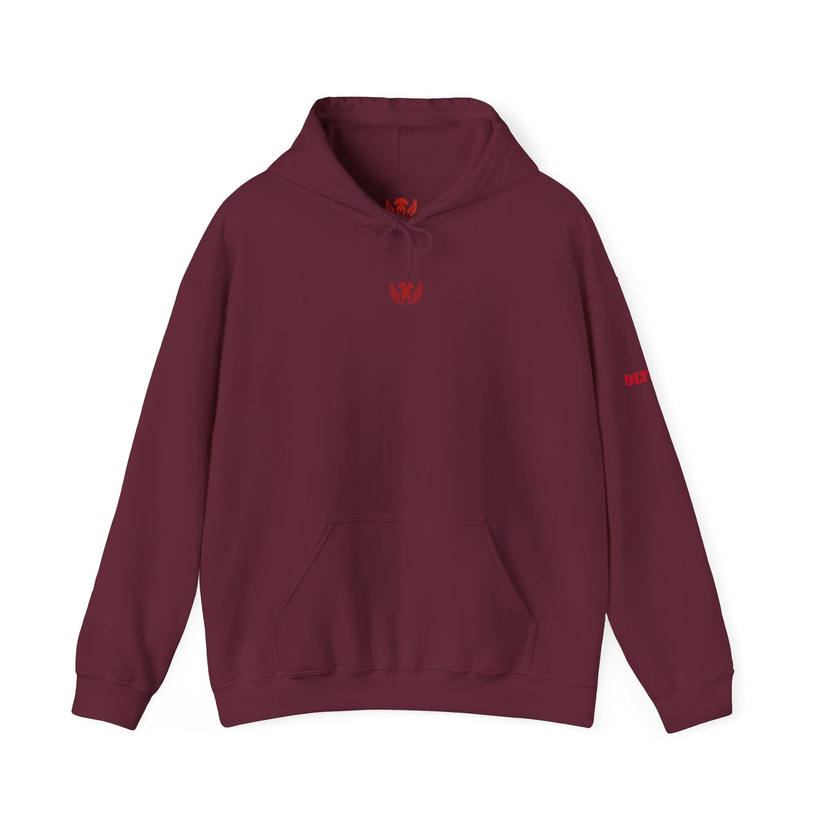 Maroon hoodie with a red logo on a white background