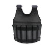 Black weighted vest with weight capacity label on a white background