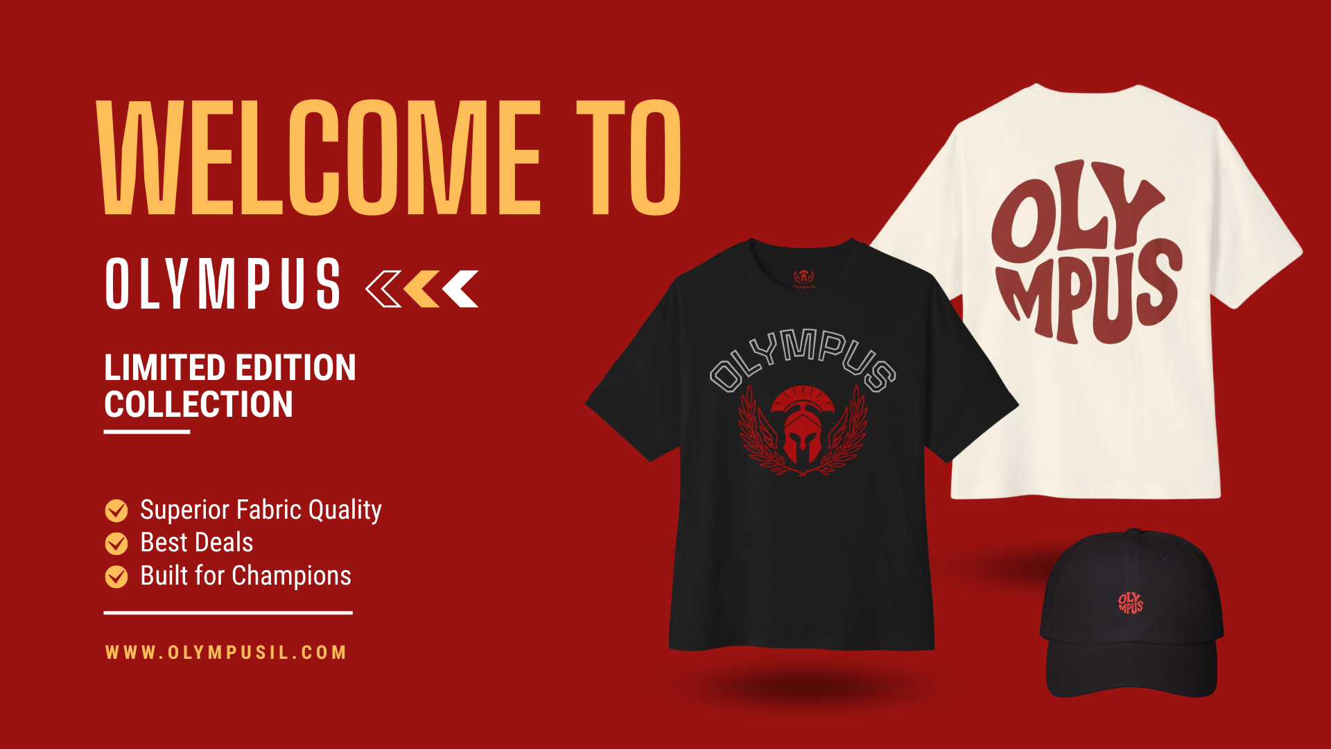 Olympusil limited edition collection banner – black and white tees with red Spartan logo on red background