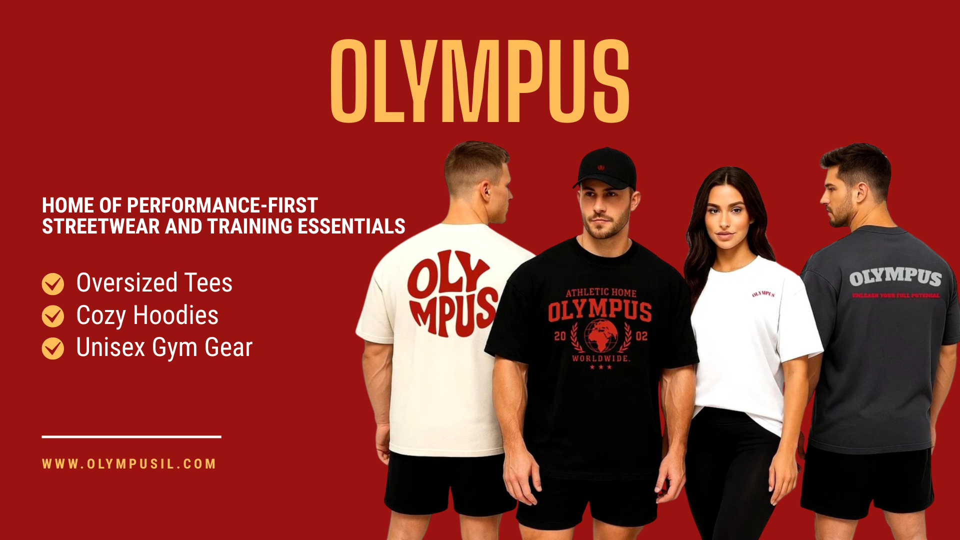 Olympusil banner – models wearing oversized tees, hoodies & unisex gym gear on red background